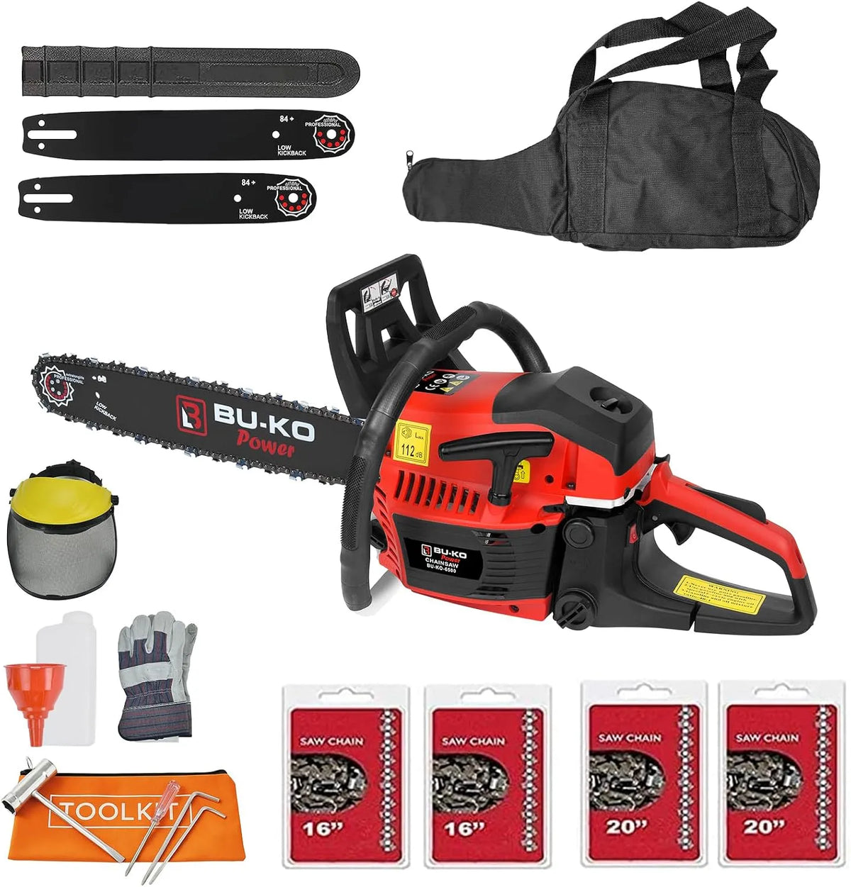 BU-KO 65cc Benzin-Kettensäge 3,89 'Stange PS 20, 2 x Ketten + 16' Stange, 2x Ketten ABDECKUNGSTASCHE, VOLLSTÄNDIGES SICHERHEITSZAHNRAD 3 Jahre