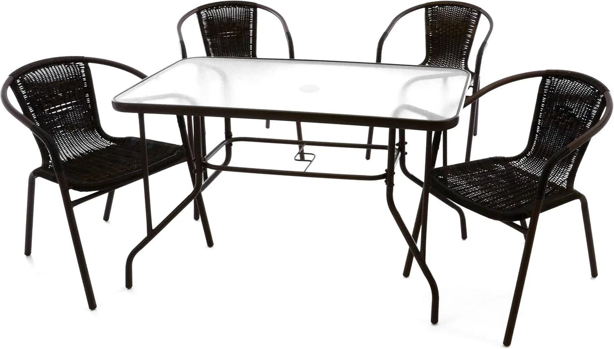Braun, Nexos Trading 5-teiliges Gartenmöbel-Set aus 4 Bistrostühlen & 1 Esstisch, Stahl Kunststoff Glas, Dunkelbraun