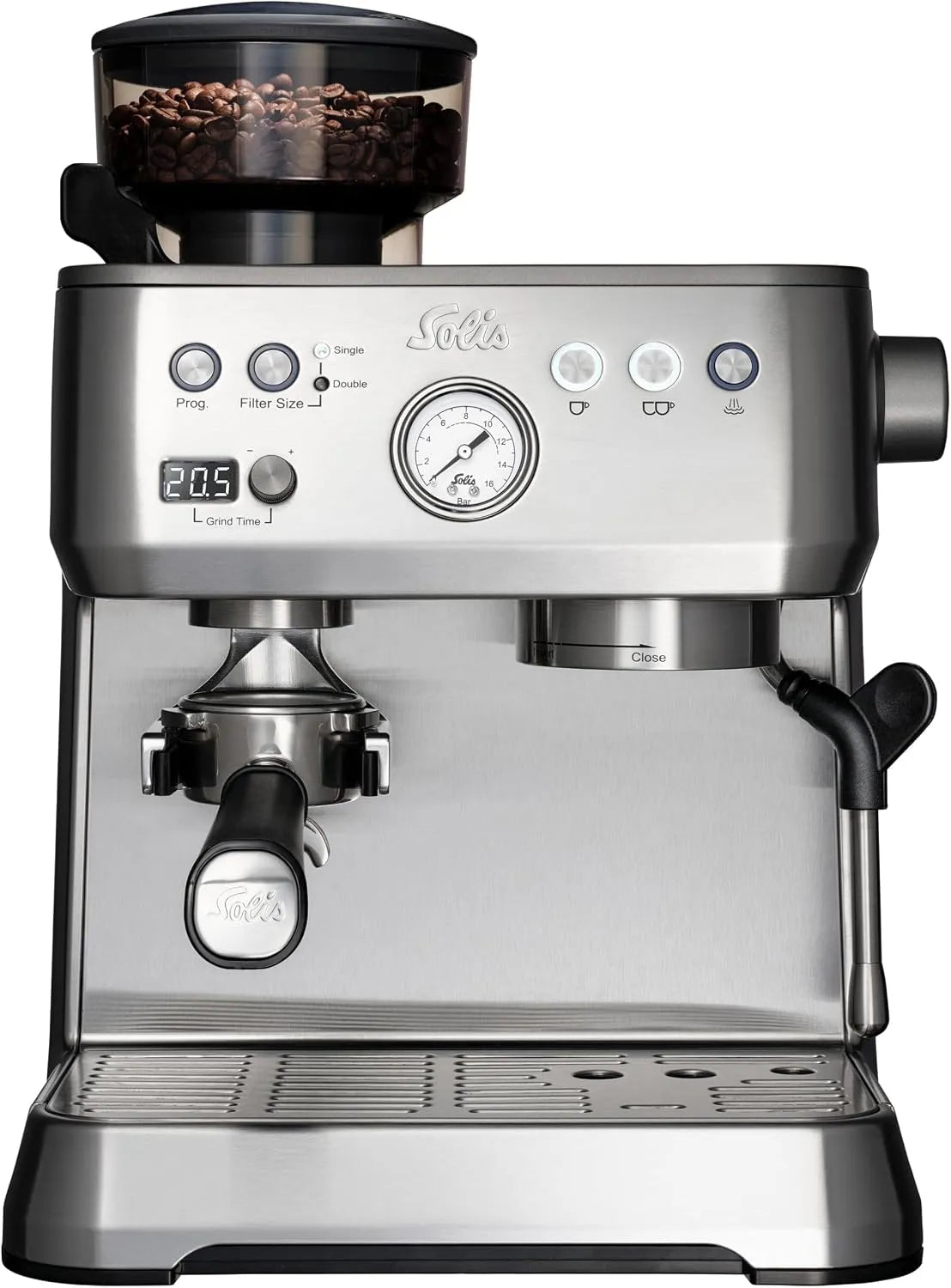 Espresso-Siebträgermaschine 1019, Solis Grind & Infuse Perfetta, Espressomaschine mit Dampf- und Heißwasserfunktion, Kaffeemaschine mit Mahlwerk