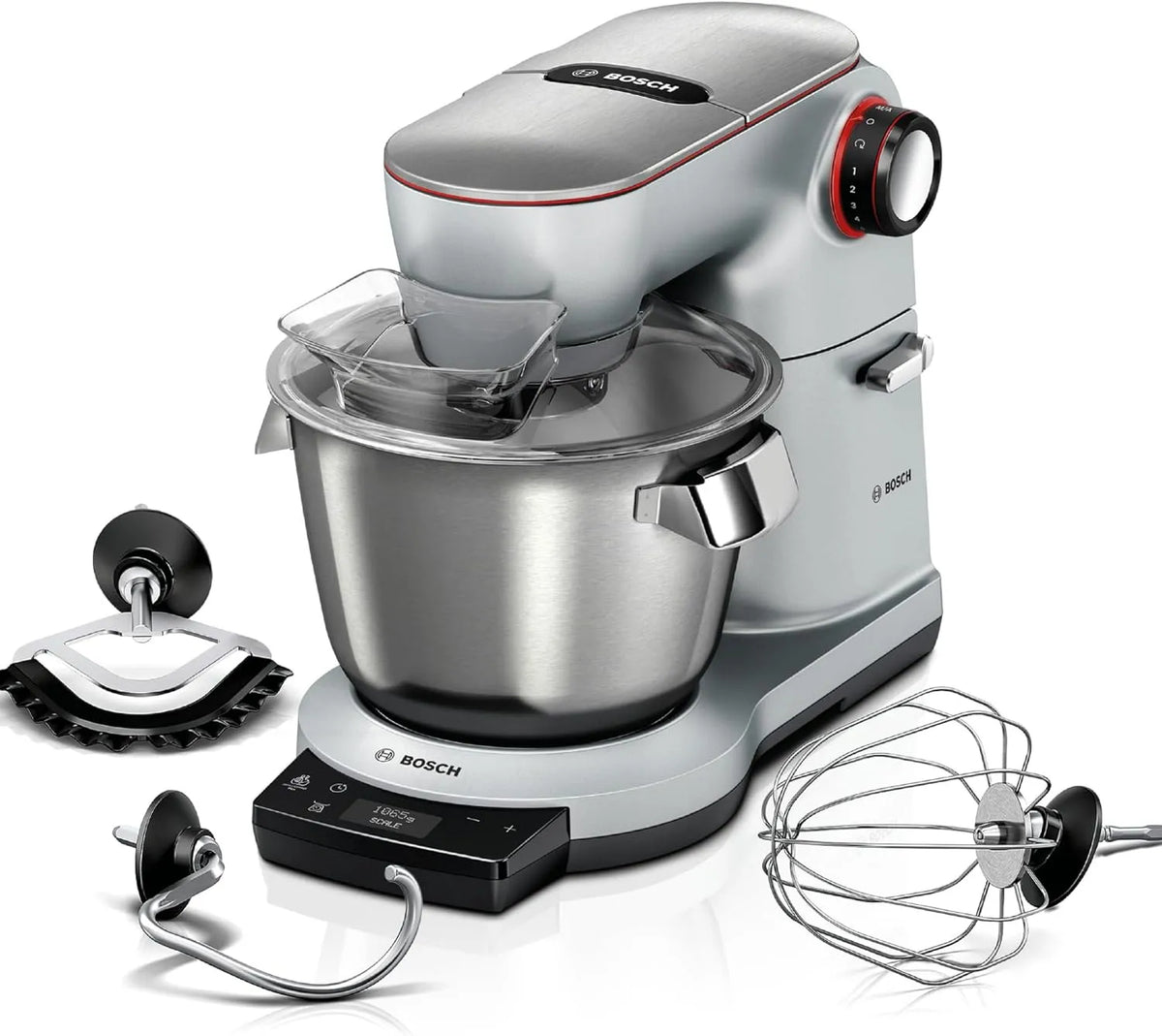 Bosch Küchenmaschine MUM9AX5S00, Edelstahl-Schüssel 5,5 L, Leistung 1500 W, 3 Automatikprogramme, 7 Stufen, OptiMUM, spülmaschinenfest, Timer, besen