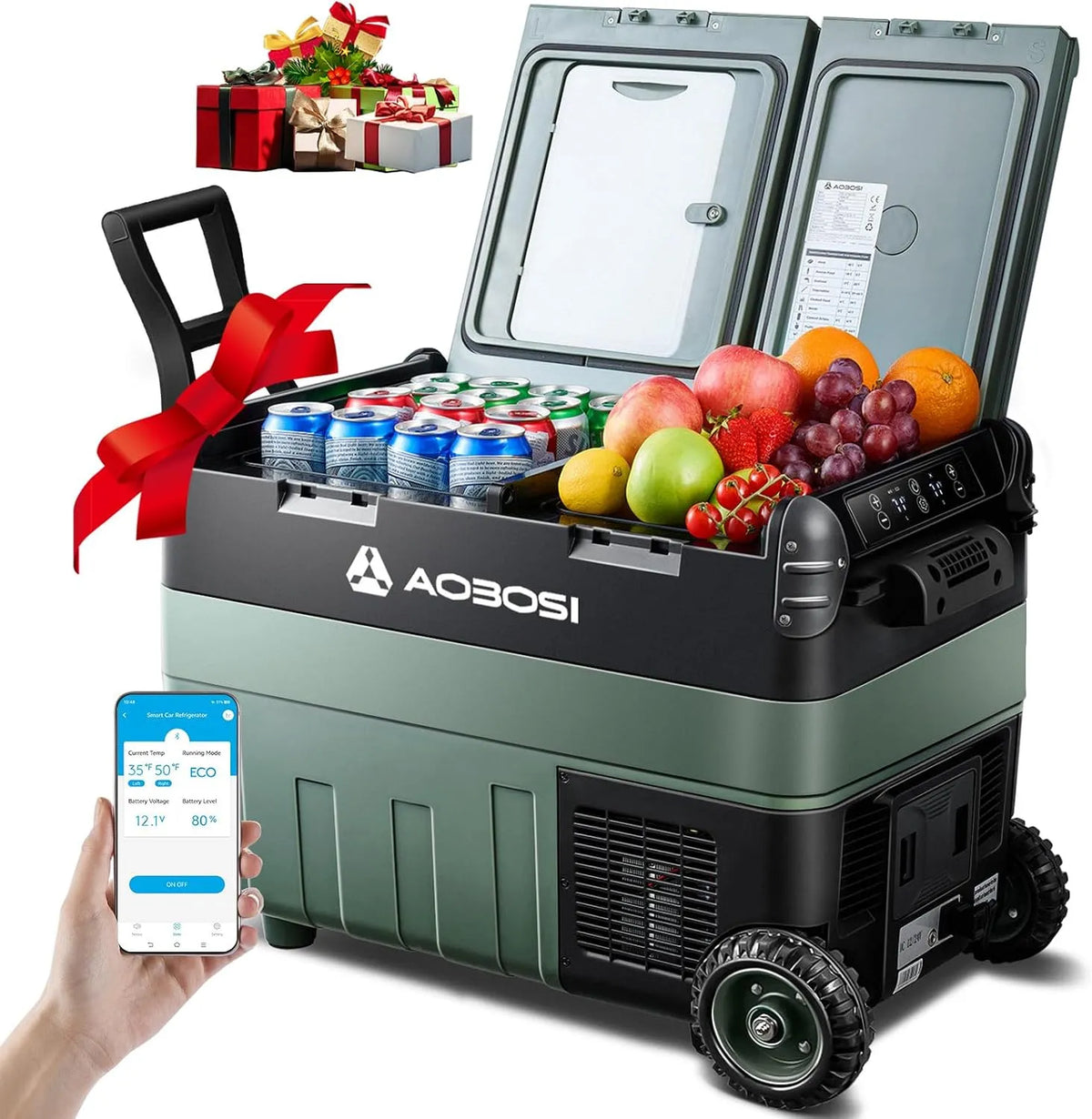 Kompressor 100-240V, Camping Kühlschrank mit APP, AAOBOSI 40L Kühlbox, 12/24V und, 20°C bis 20°C, Dual Zone, LED-Beleuchtung, USB-Anschluss, LKW