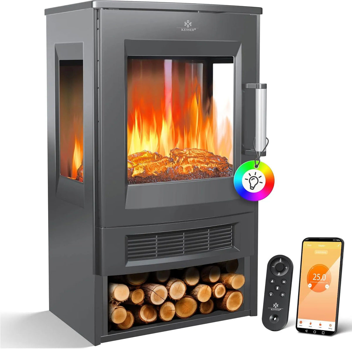 Kesser Elektrokamin, WiFi App 900/1800W Kaminfeuer elektrisch, mit Heizung Panorama-Sichtfenster Heizlüfter 9 LED-Flammeneffekt Farbmodi Fernbedienung