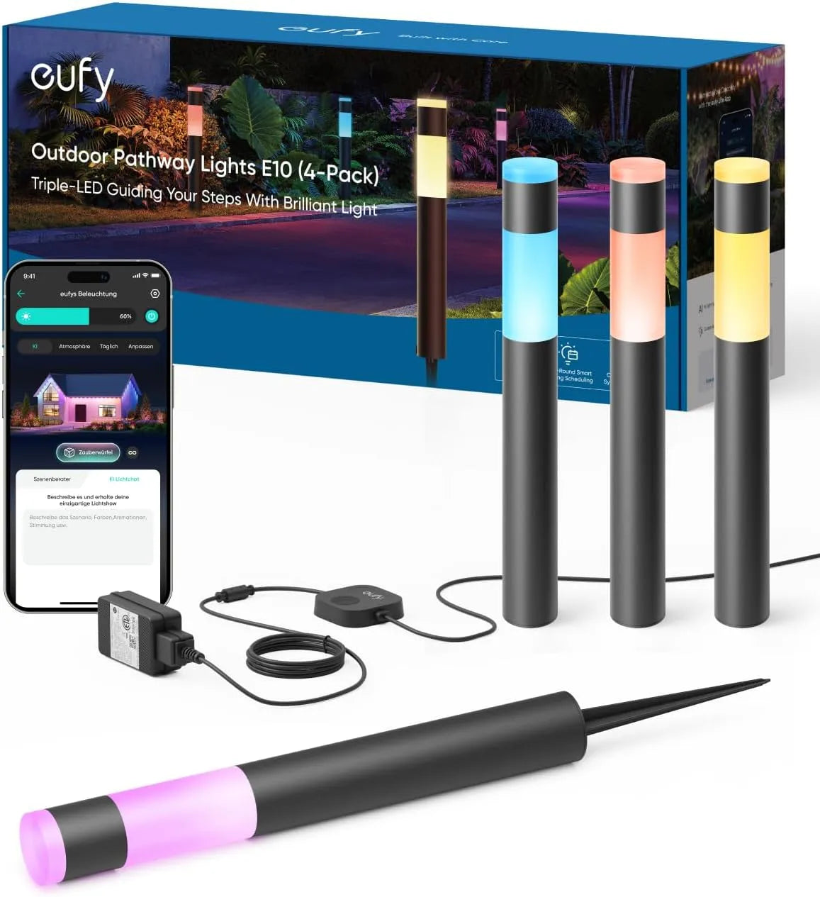 Kamera E10 4er-Pack IP65, Smarte Verkabelte RGBWW LED Leuchten, Steuerbar mit Alexa & App, Integration, eufy Außen-Wegeleuchten