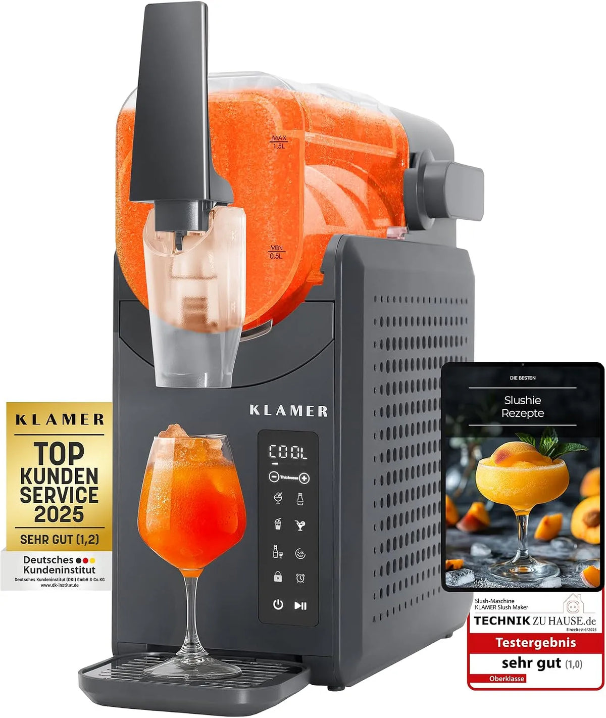 Slush-Maschine KLAMER, Fassungsvermögen 2L Fassungsvolumen, Milchshake, Wein, Turbo Freeze, mit digitalem Rezeptbuch, Cocktail, Frappé