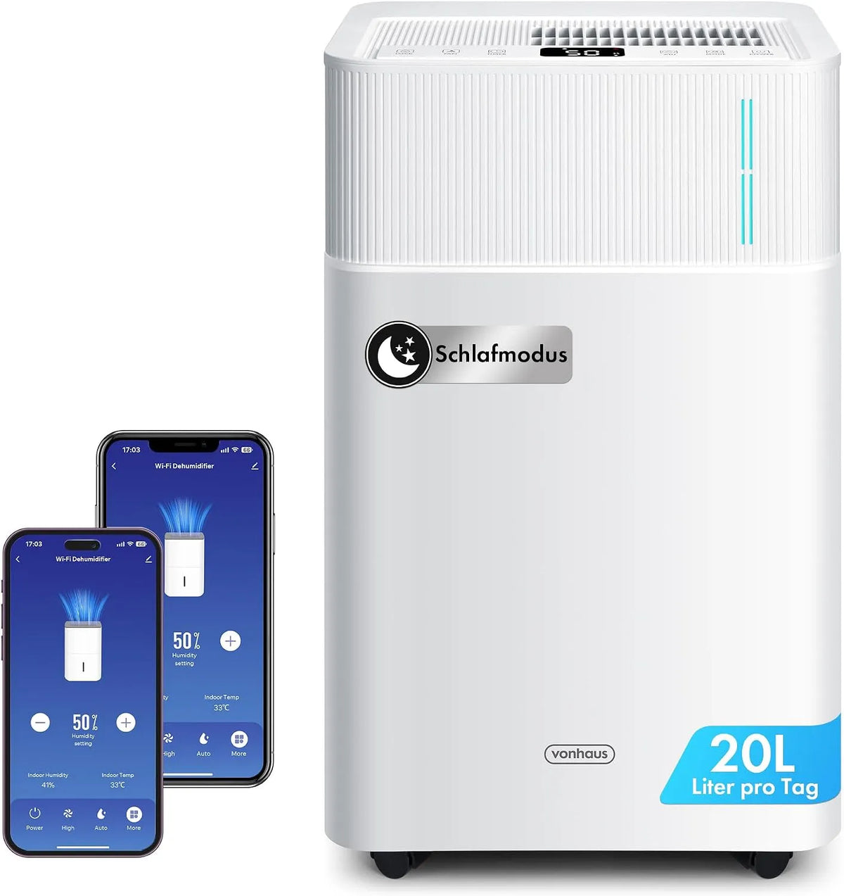 Luftentfeuchter 135m³/20m VonHaus, 20L/24H, Fassungsvermögen 20L, Raumentfeuchter 41dB für Räume 135m³, 20m², Modell 135m³, Elektrisch mit App & WLAN