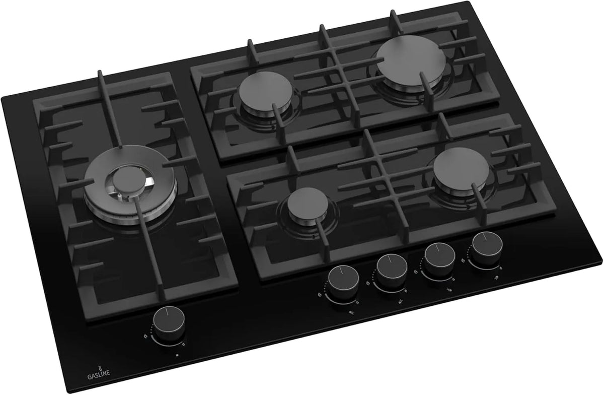 Kochfeld GAG70GLG, 5 flammig, Leistung 3,8kW WOK Brenner, Elektrische 1-Handzündung, Gasline Einbau Gasherd, Glaskeramik Gaskochfeld, Sabaf-Brenner