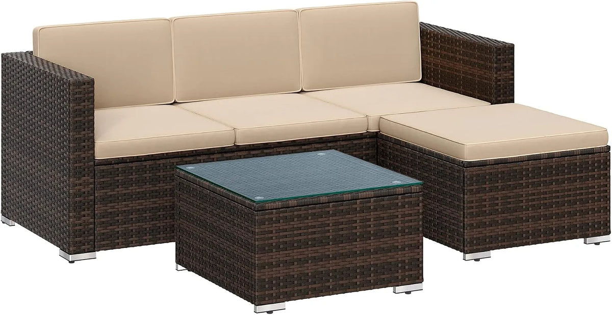 Braun Modell, SONGMICS Gartenmöbel-Set GGF005K03, Balkonmöbel aus PE-Polyrattan, Terrassenmöbel, Ecksofa, Outdoor, handgeflochtenes Rattan, Taupe