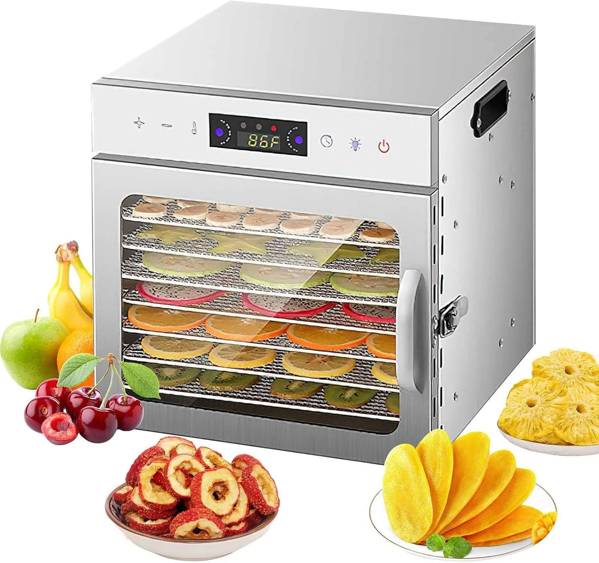 Tablet 24-Stunden-Timer, 8 Tabletts, einstellbare Temperatur 35-95 °C, 8 Tabletten, Dörrautomat aus Edelstahl, LCD-Display, für Obst, Fleisch, Gemüse