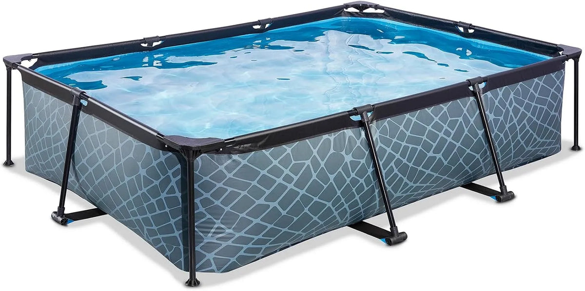 Pool EXIT Toys Stone, Rechteckiger, Leicht Zugänglich, Starker Rahmen, Farbe Grau, Maße 300x200x65cm, Kompakter Rahmenpool mit Kartuschenfilterpumpe