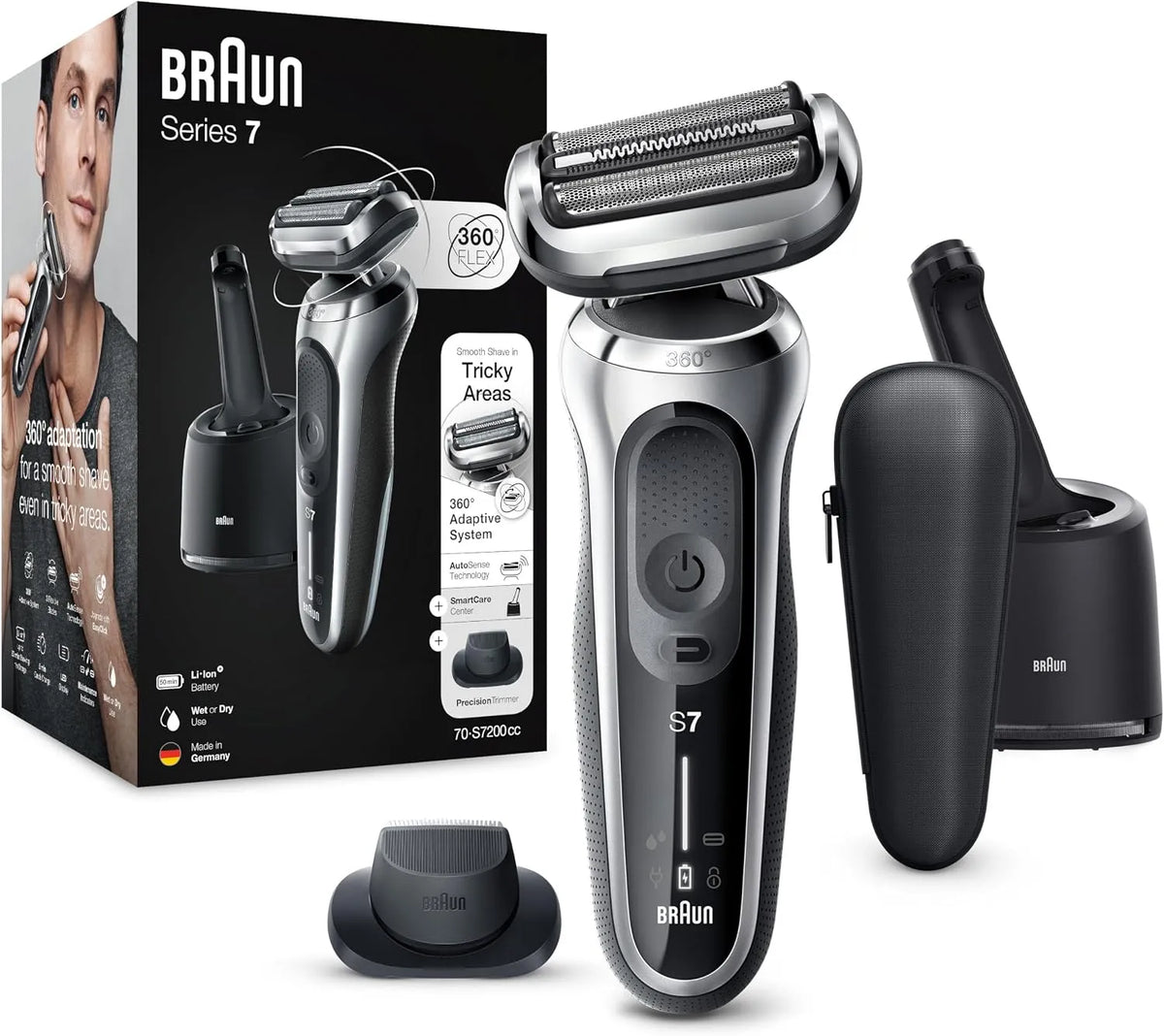 Braun Modell 70-S7200cc, EasyClick Funktion, Reinigungsstation, Wet & Dry, Series 7 Rasierer Herren mit 360° Anpassung, AutoSense, silber