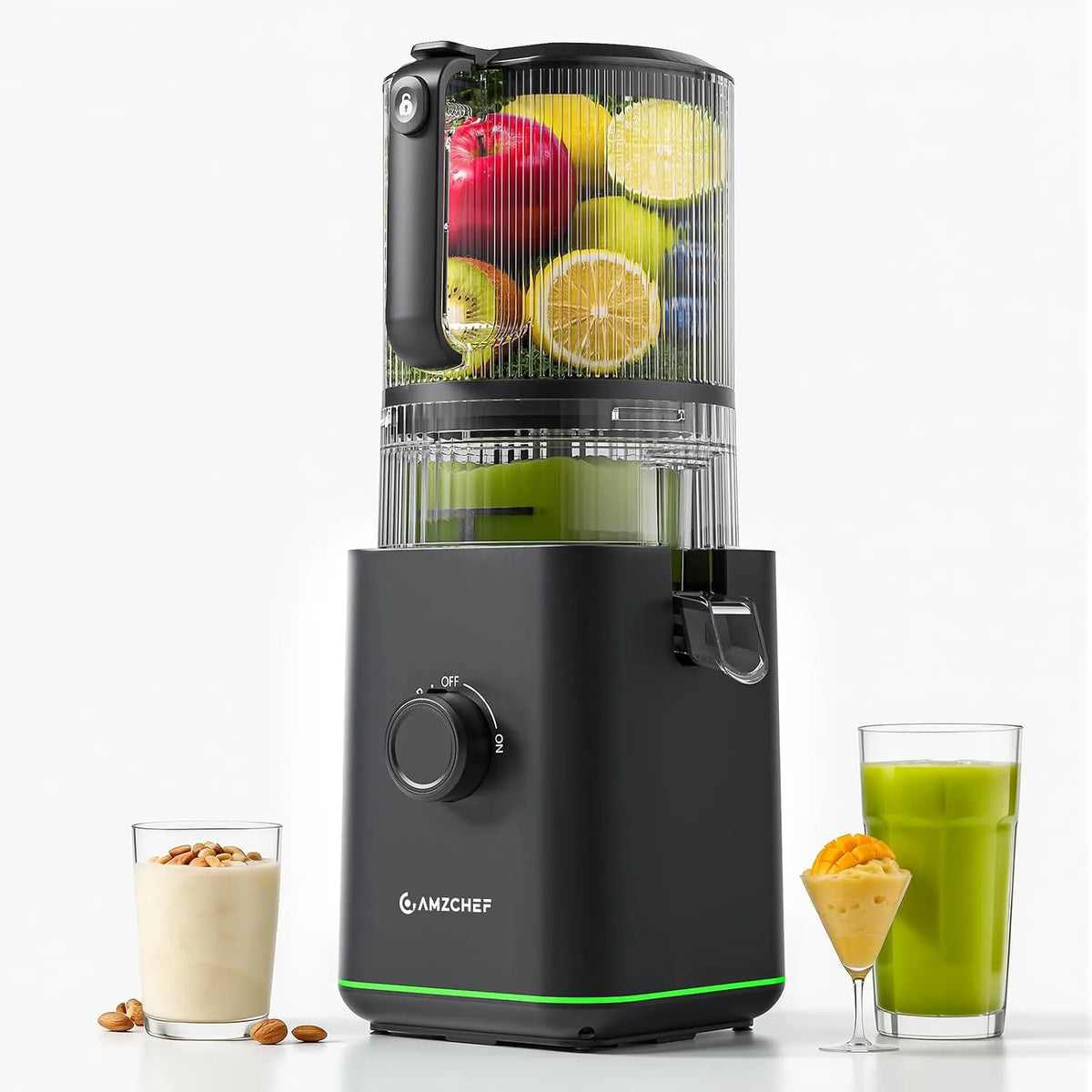 Entsafter AMZCHEF, Slow Juicer 155mm XXL Einfüllöffnung, Fassungsvermögen 2,5L Saftpresse Elektrisch für ganzes Obst & Gemüse