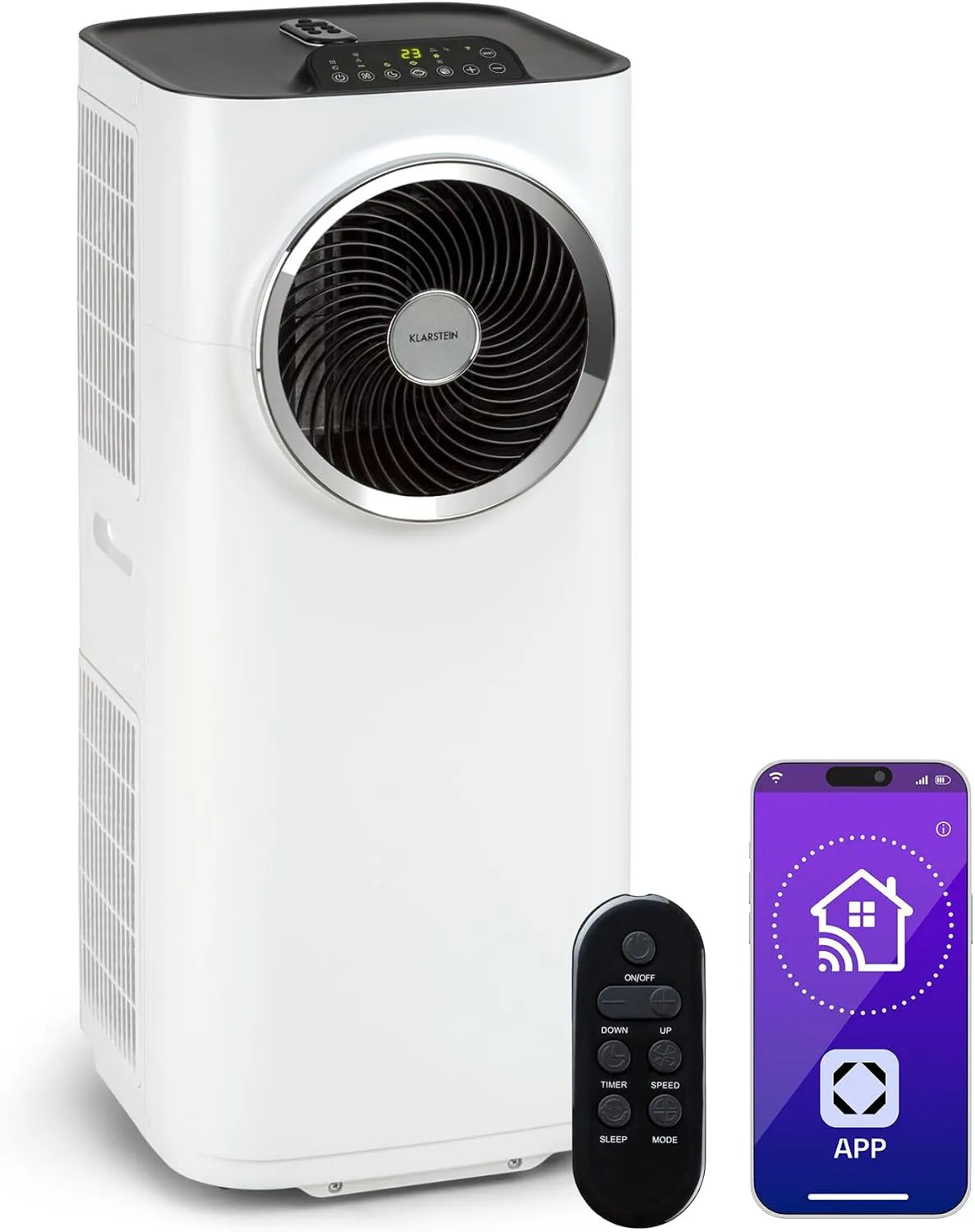 Klarstein Ventilator 12K, Kraftwerk Smart Mobiles Klimagerät, 3-in-1 Kühlung, Entfeuchter &, Timer, Weiß, 12000 BTU, 35-59 m², App & Alexa Steuerung