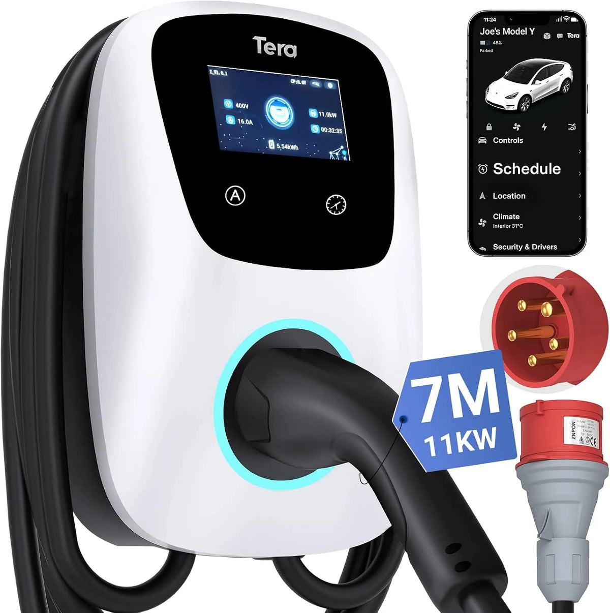 Tera Modell W01 Tera Smart, mit WLAN & Bluetooth 7m Ladekabel, mit APP 11kW 16A 400V CE&TÜV, EV Ladegerät Typ 2 Wallbox