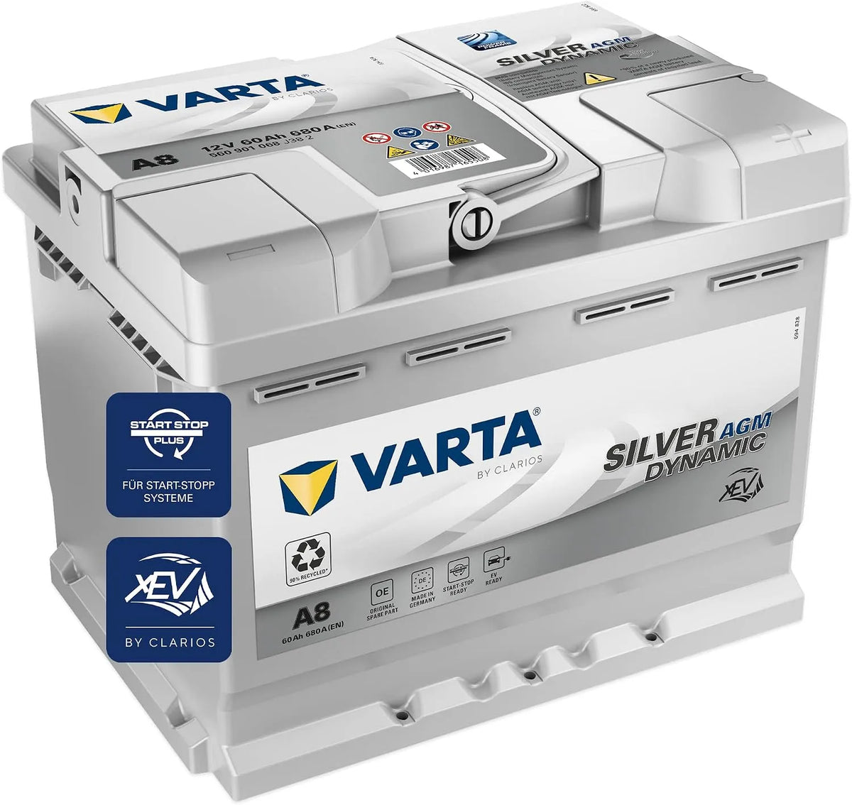 AGM-Batterie VARTA Silver Dynamic, A8, Start-Stop und xEV Autobatterie 12V 60Ah 680A, Starterbatterie für Autos mit hohem Energiebedarf