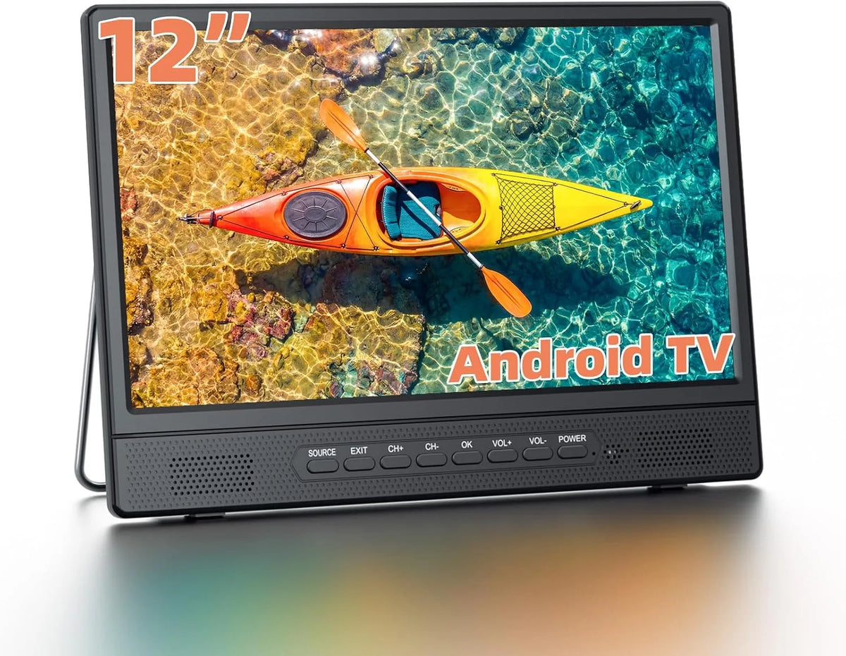 Zoll Tragbarer Smart TV mit Android DESOBRY 12 DVB-T2, 180° Verstellbarer Stand, Mini Fernseher für Küche, Caravan, Camping, HDMI USB AV Kopfhörer