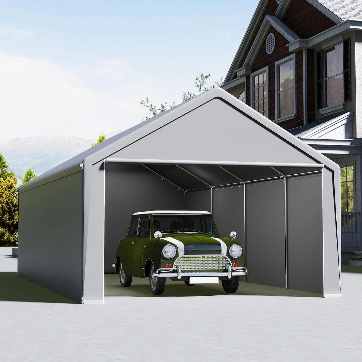 Carport, Garagenzelt & Lagerzelt in einem, Stahlrahmen, wetterfest für Auto, Farbe Grau, UISEBRT Zeltgarage 4x8 m, Dach- & Bodenverstärkung, SUV