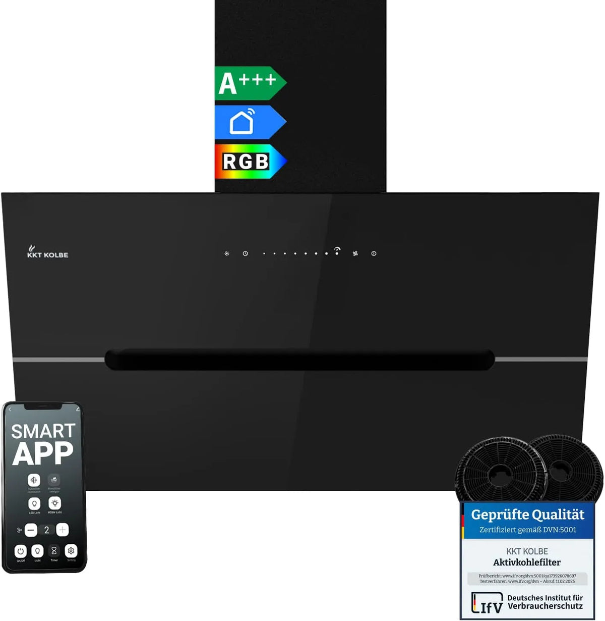 Dunstabzugshaube ECCO9005SM KKT KOLBE, 782 cbm, h Umluft Abluft, Wandhaube, in Schwarz Glas, Breite 90 cm, Smart WiFi App WLAN, Kopffrei