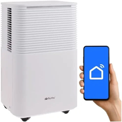 Luftentfeuchter L/24 RUHHY DRYZIX, Fassungsvermögen 12 L, 38 dB Leise, 24 h mit WLAN & Hygrostat, ca. 30 m², Modell L, Auto-Defrost, Keller