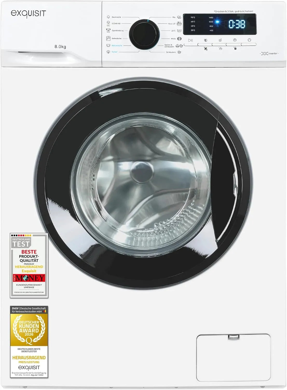 Exquisit Waschmaschine 1400 WA58014-020A, 13 Betriebsprogramme, Energieeffizienzklasse A, Startzeitvorwahl, weiss, Gewicht 8kg, max. U, Min