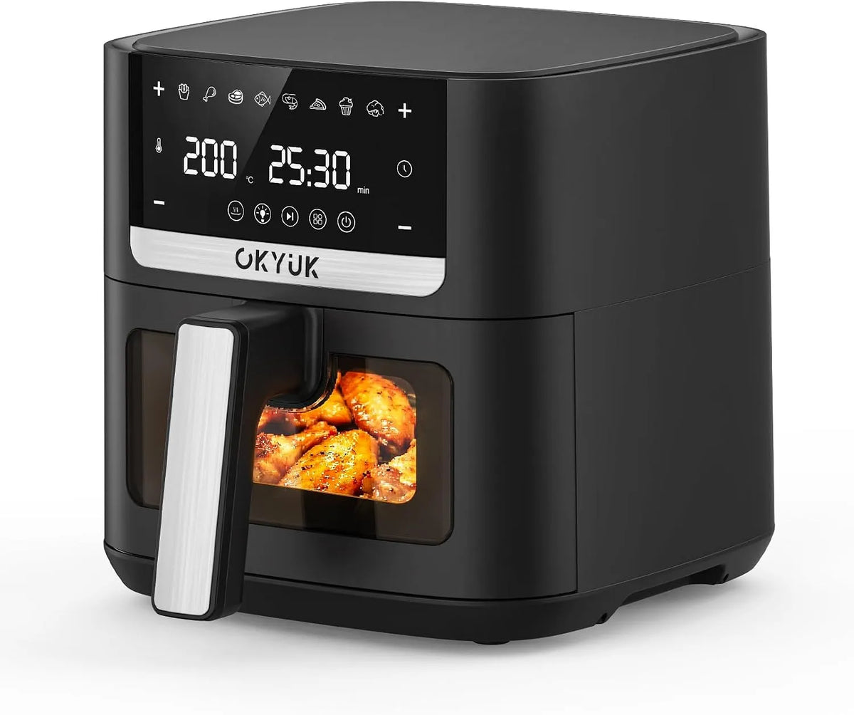 Heißluftfritteuse OKYUK, Fassungsvermögen 6L Airfryer XL, Leistung 1200W Friteuse ohne Öl mit Metall-Innenraum, 8 Programmen, 80-200°C, Timer