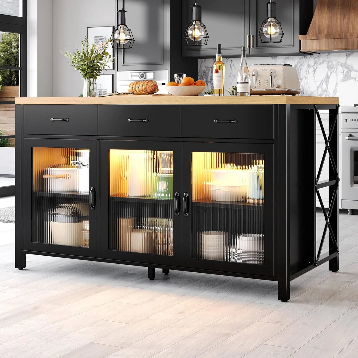 3 Schubladen & Glastüren Kücheninsel mit, Maße 150x80x90cm, Beleuchtung, Verstellbare Füße, in Schwarz