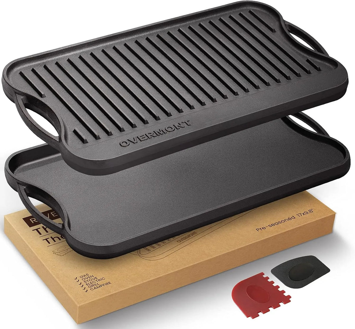 Grill, mit Griffen 43,2 x 24,9 cm, OVERMONT Gusseisenplatte Grillplatte Gusseisen Doppelseitiger, für BBQ Ofen Herd Holzkohlegrill Gasgrill