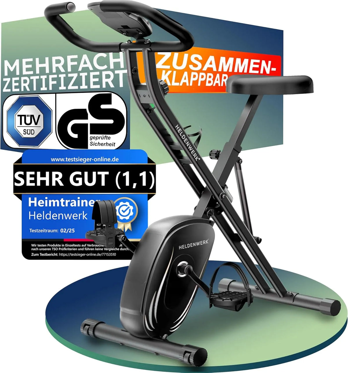 Fahrrad HELDENWERK Heimtrainer, bis 150KG Belastbar Ergometer, Klappbar Set-extra bequem & leise, FlexiFoam, Hometrainer, Fitnessbikes