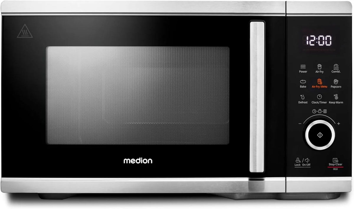 Mikrowelle MD11499 MEDION, 1.500 Watt Heißluft, 9 Automatikprogramme, Popcorn-Taste, LED Display, Fassungsvermögen 25 Liter, 900 Watt, Auftaufunktion