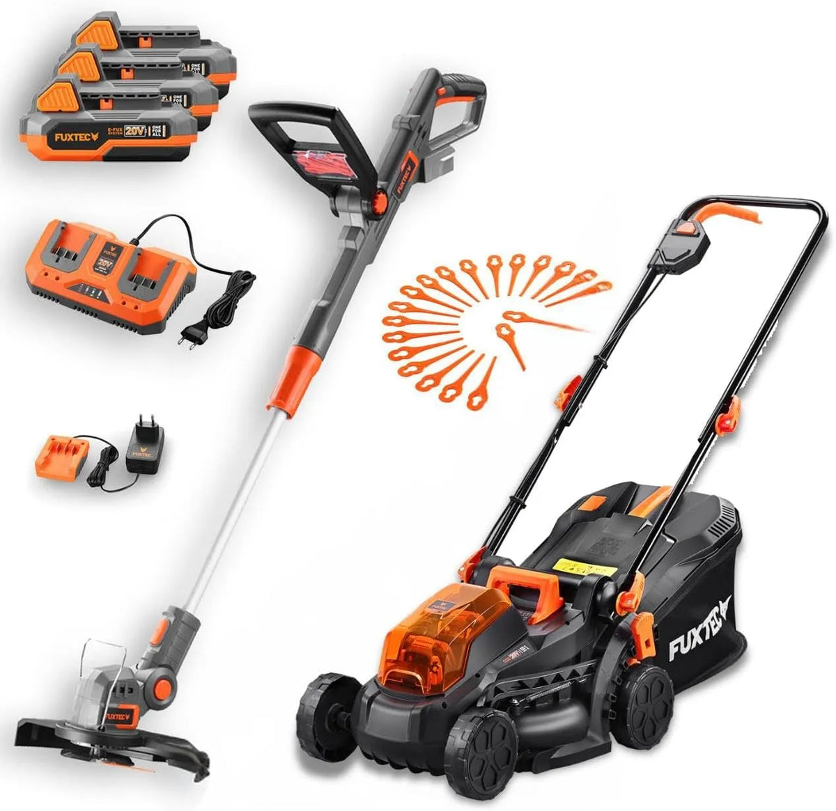 Fuxtec Rasentrimmer 2x20V, Spannung 20V Akku und 33cm Rasenmäher 40V, Rasenmäher mit Schnitthöheneinstellung, Trimer Schnittbreite 25cm