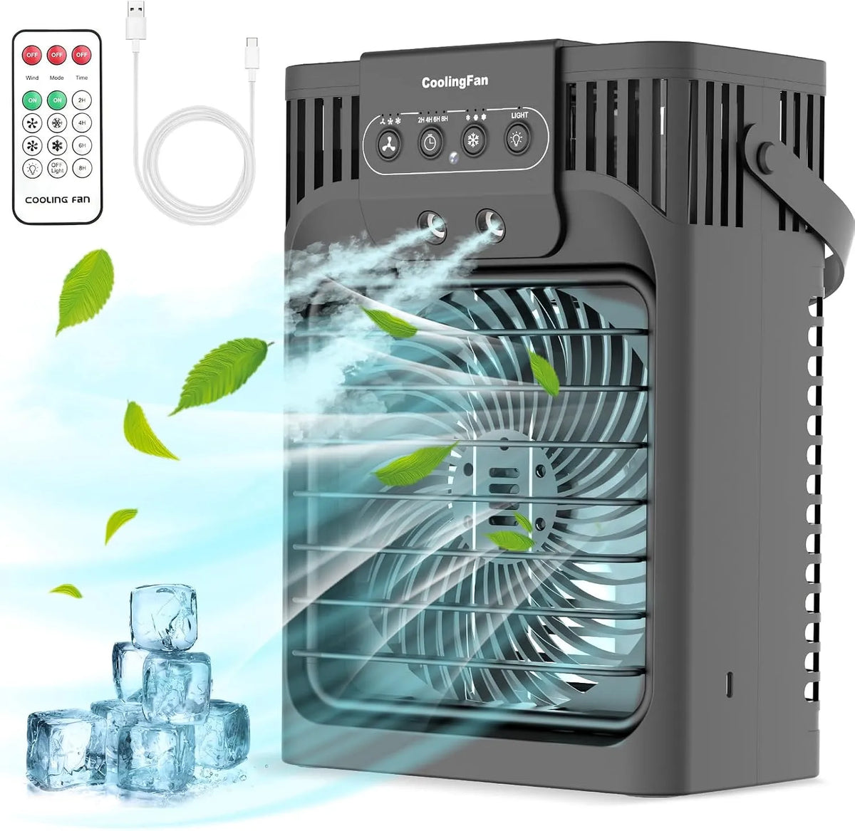 Klimaanlage 2-8-Stunden-Timer, Luftkühler,1200ml Wassertank,3 Geschwindigkeite,3 Nebelmodi, Ideal für Zuhause, Mobil,4-in-1 Mobile, Büro