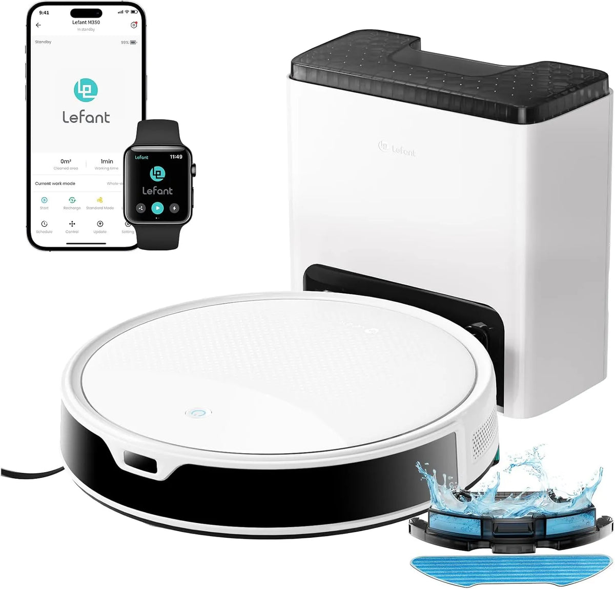 Staubsauger M350 LEFANT, Wischfunktion 300ml Wassertank, Roboter mit Absaugstation, ideal für Tierhaare Hartböden Teppiche, 6000Pa Saugkraft, Weiß