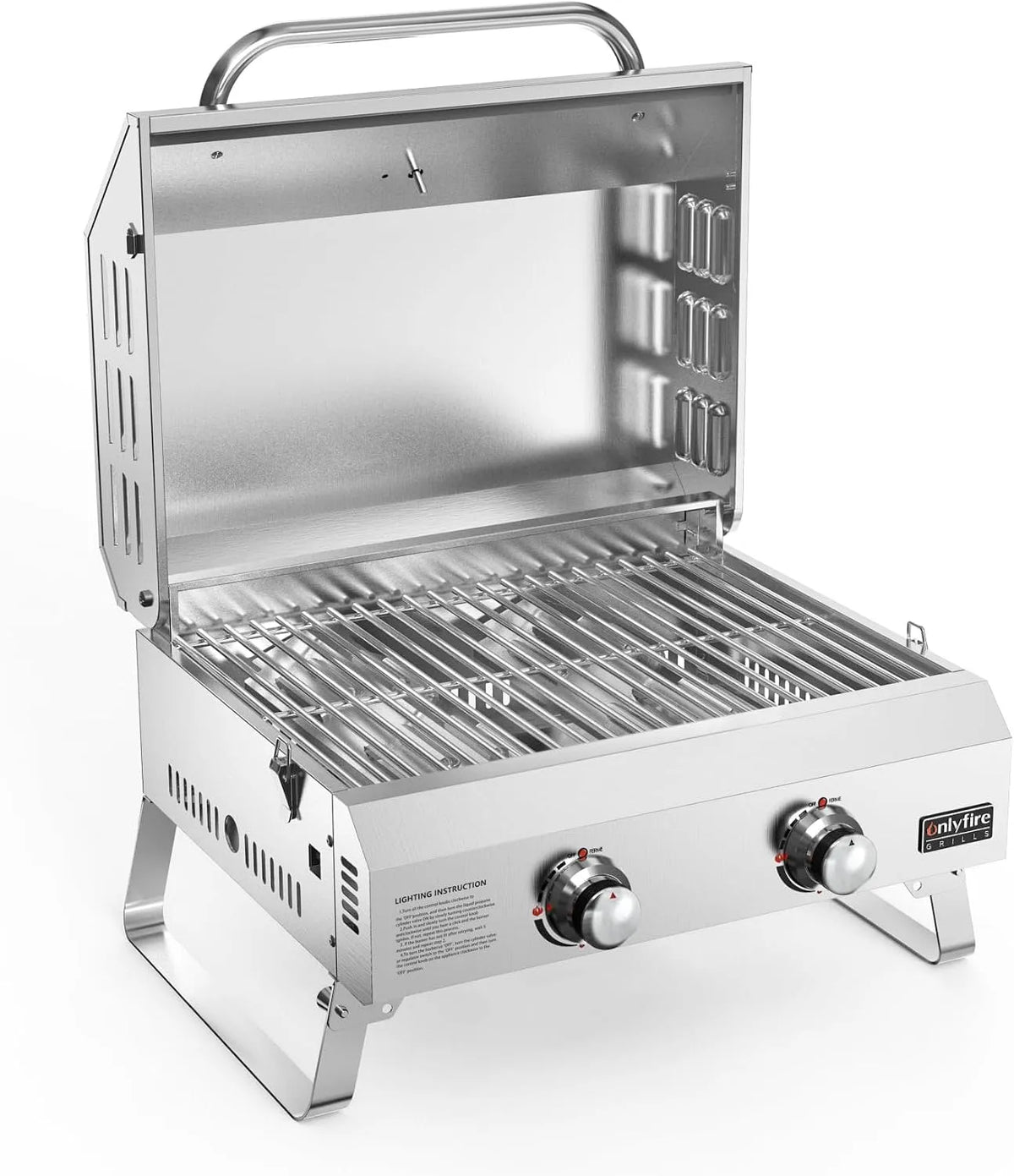 Gasgrill, Leistung 4.7 kW, Grillfläche 46x35cm, Grillrost, Kleiner für Balkon Camping Garten, onlyfire Tischgasgrill 2 Edelstahlbrennern, Thermometer
