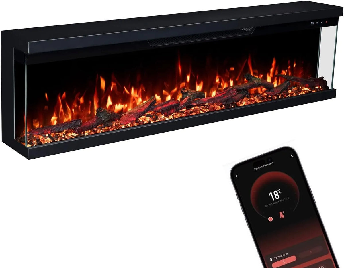 Elektrokamin GLOW FIRE, max. 1800 W, Insert 127 mit realistischem 3D LED-Feuer, Maße 127x35x19cm, Wand mit Heizung und Kaminfeuer, App Steuerung