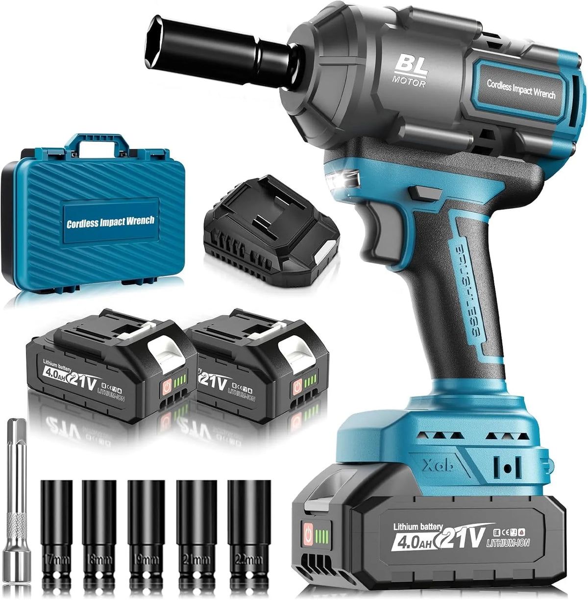 Akku Kompatibel mit Ma-kkita 18V Lithium-Akku 1200Nm Schlagschrauber, 1/2 Zoll Bürstenloser mit 2x 4.0Ah Batterie, 5 Stecknüsse für Autoreifen