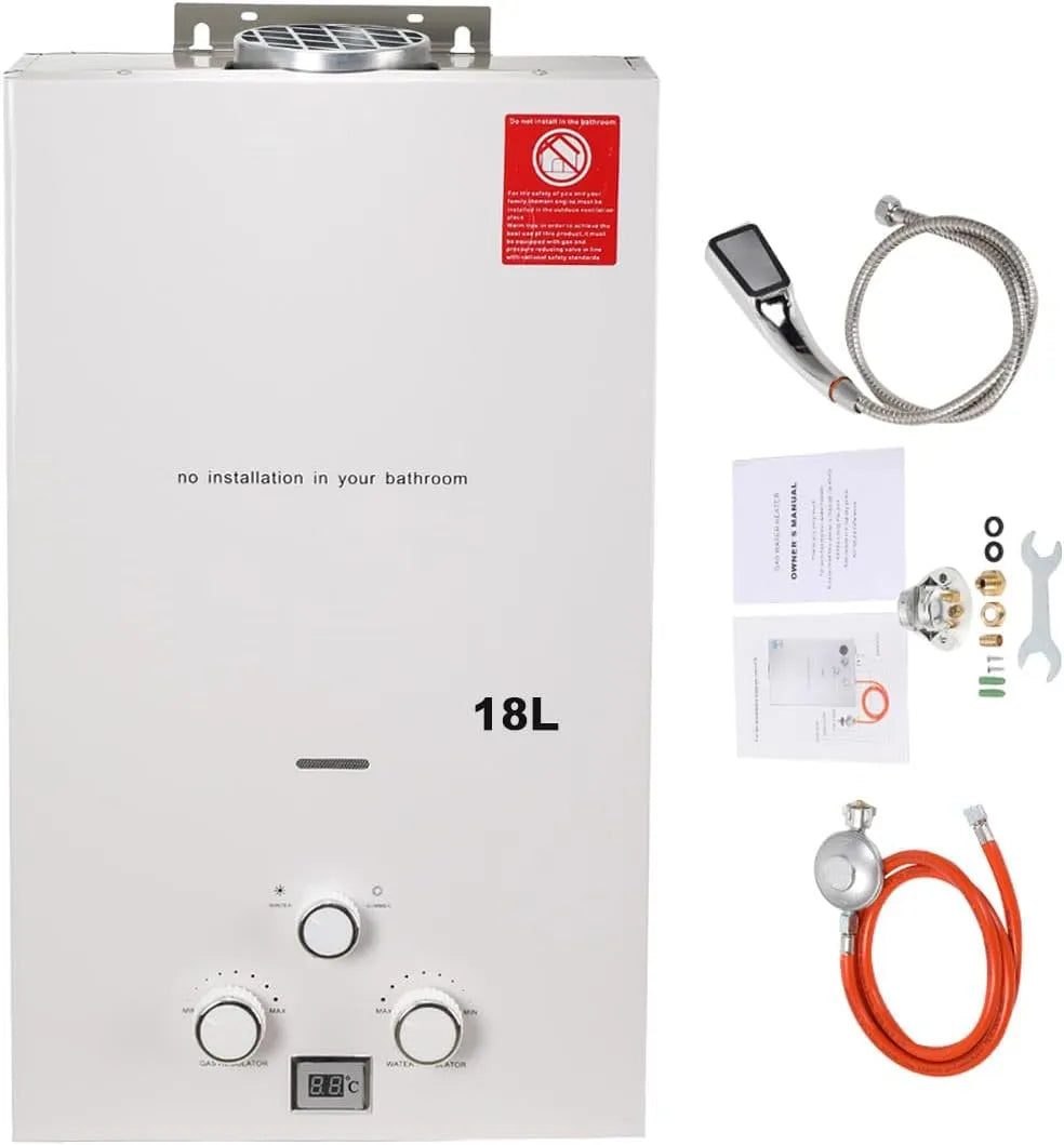 Warmwasserbereiter, Fassungsvermögen 18L 36KW Tragbarer Gas Durchlauferhitzer Propangas Campingdusche, mit Gasdruckminderer