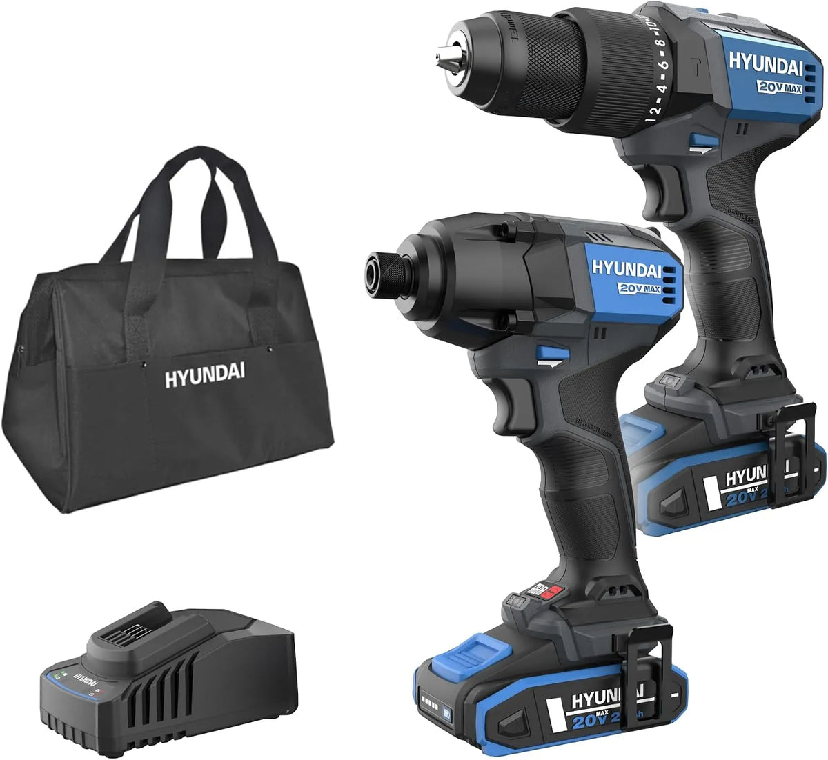 Hyundai Modell Max Akku-Werkzeugset, Lieferumfang HD20X-60 ID20X-230, Spannung 20V Max Akku-Werkzeugset, Lieferumfang:, 2 x 2.0Ah Akkus, Ladegerät