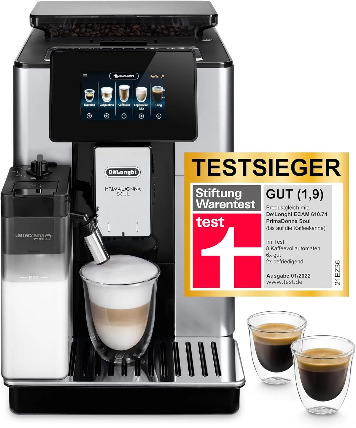 De'Longhi Kaffeevollautomat ECAM612.55.SB, Perfetto mit LatteCrema-Milchaufschäumer, 18 One-Touch-Getränke, PrimaDonna Soul, Silber-in Schwarz