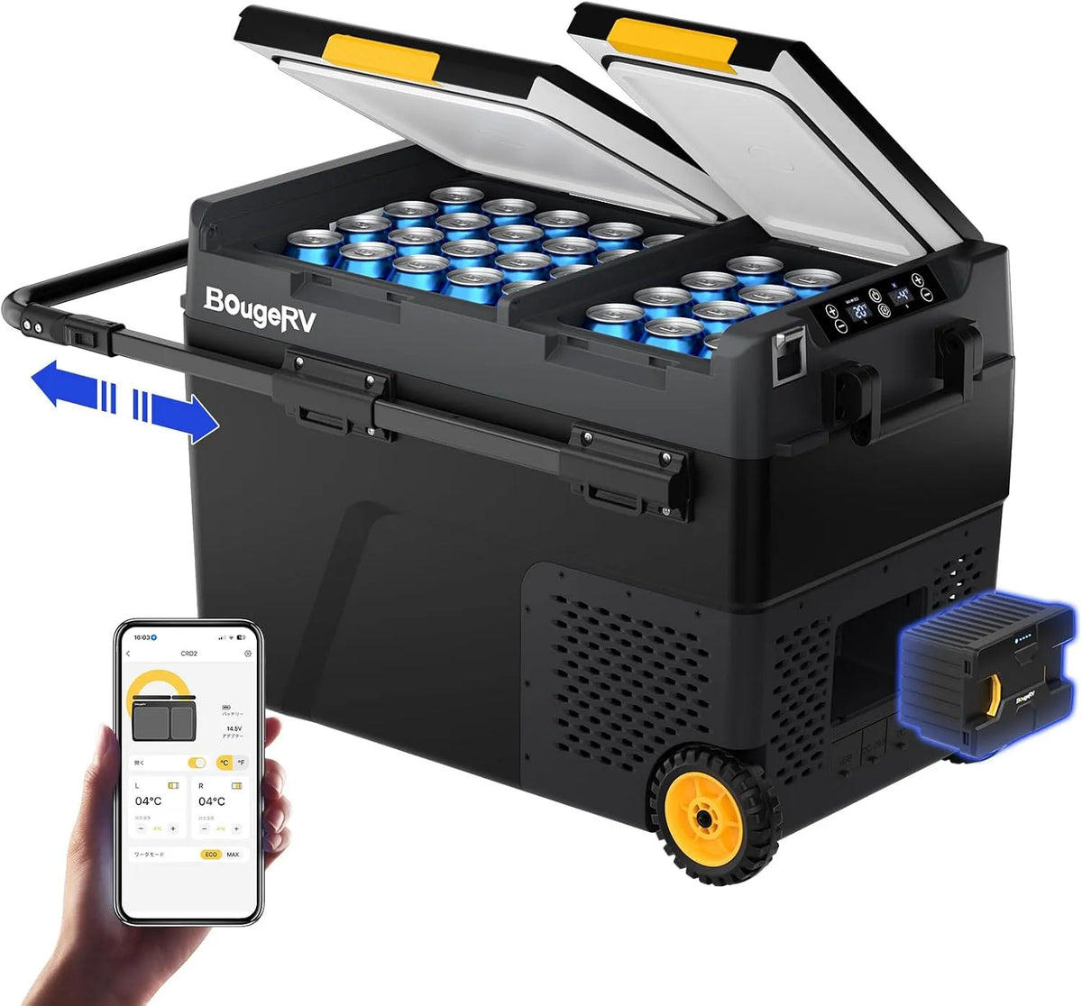 Kompressor CRD2 BougeRV, Kühlbox akkubetrieben 173Wh, 20℃~20℃, Camping Kühlschrank Auto Elektrisch 12V 24V 230V mit Rollen APP Steuerung