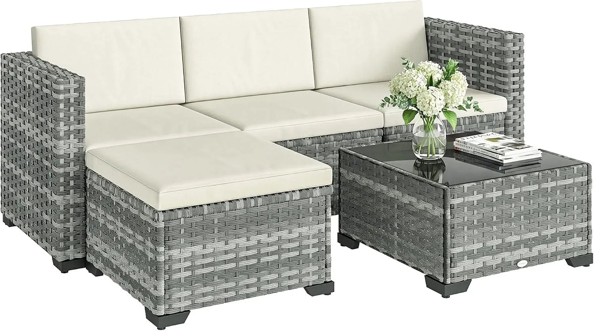 Tisch Outsunny, Polyrattan Gartenmöbel Set 5-teilig, Rattan Sitzgruppe bis 4 Personen, Lounge Set mit Ecksofa Hocker Sitz- & Rückenkissen