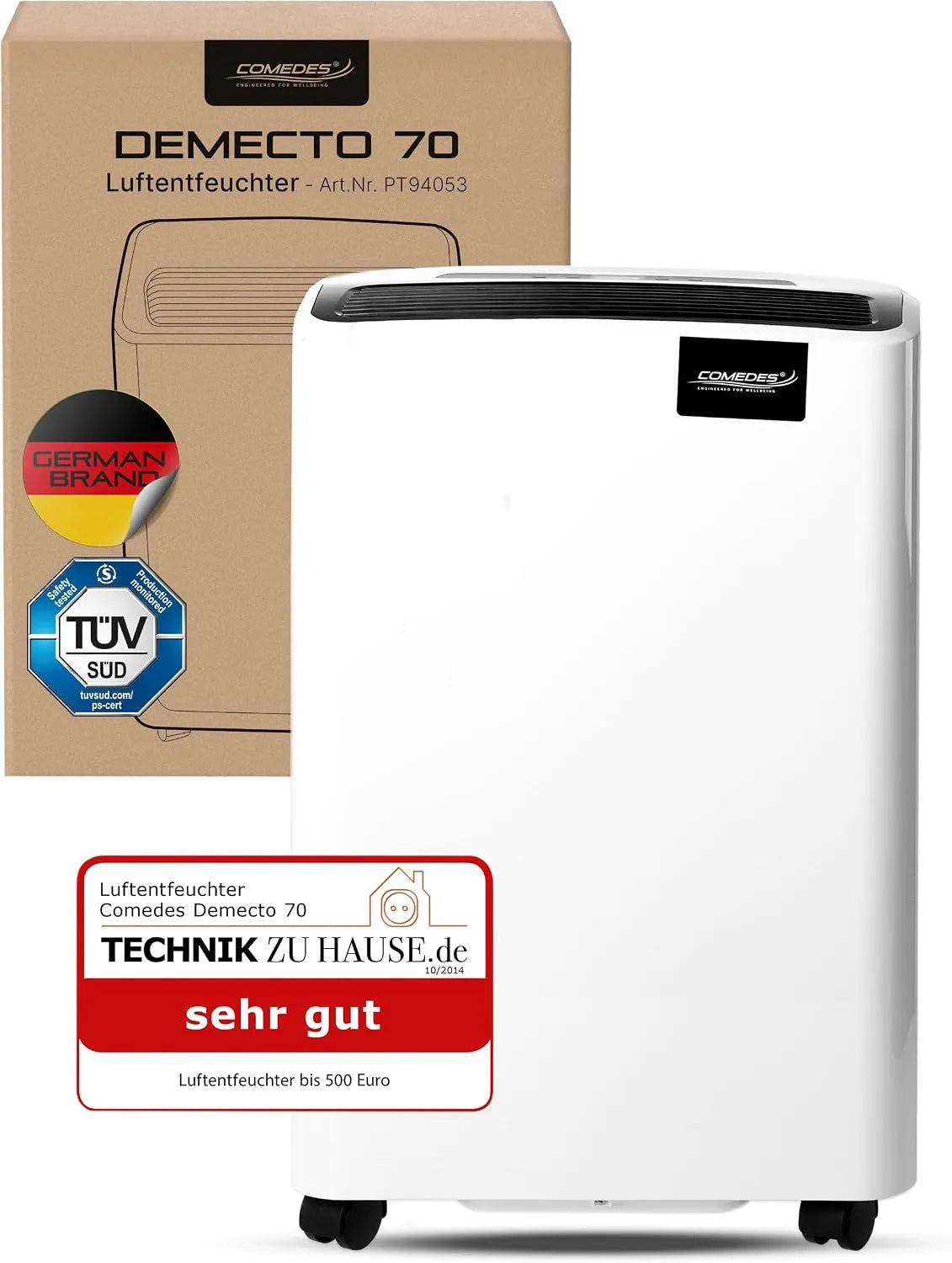 Luftentfeuchter 24h Comedes, Bautrockner Demecto 70, max. 75 Liter, Geeignet für Räume und Keller bis 240m², 550m³