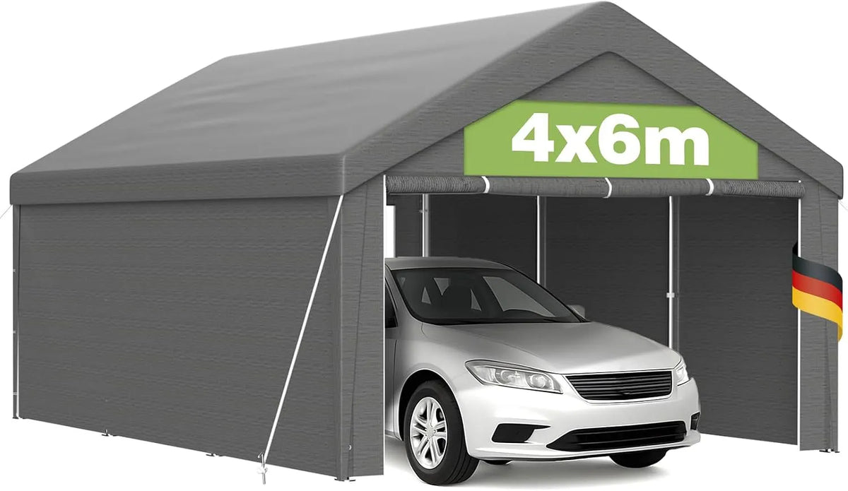 Carport Pavillon, wasserdichtem Dach, abnehmbaren Seitenwänden, LKW, Farbe Grau, 4x6m mit UV-beständiger PE Plane, Stabiler Stahlrohrkonstruktion