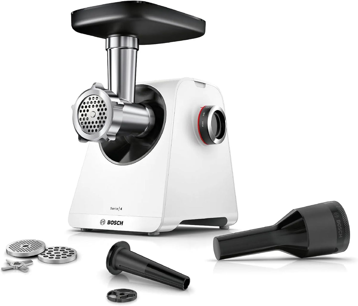 Bosch Modell MFWS420W, Fleischwolf Serie 4, 2 Lochscheiben, Leistung 1.900 W, 8mm, 2 Stufen, Edelstahl, spülmaschinenfest, elektrisch, stark