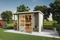 Gartenhaus, 19mm Multi Satteldach mit Schrank und Anbaudach inklusive. Fußboden, Dacheindeckung, Pultdach terragrau