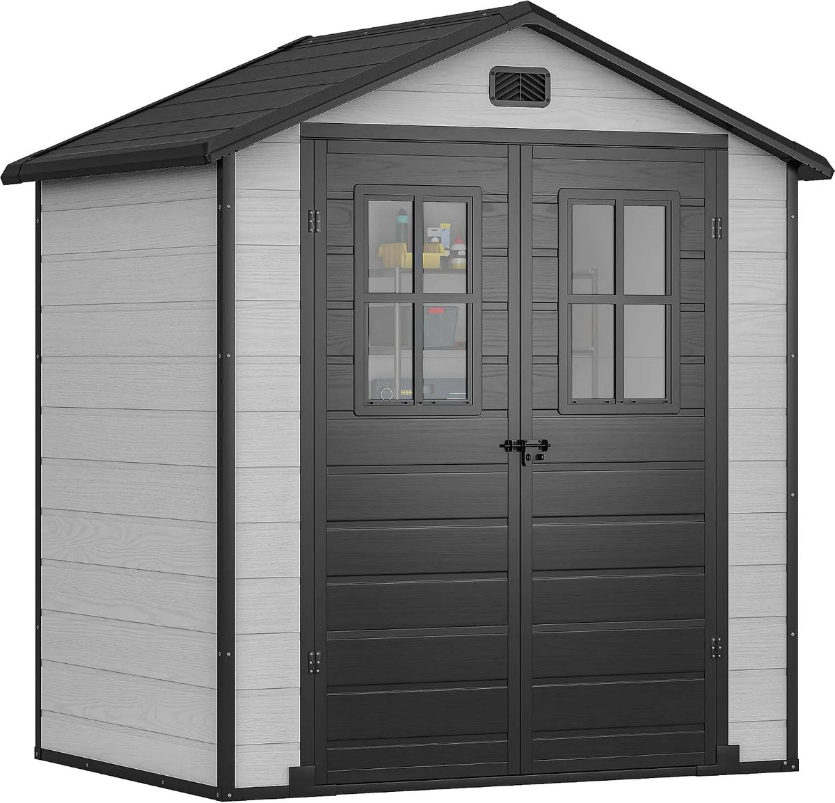 Gartenhaus, Maße 183x135x208 cm, Fenstern & Belüftung für Gartenwerkzeuge, Farbe Grau in Schwarz, 6x4.4 Fuß mit Boden, Fahrräder