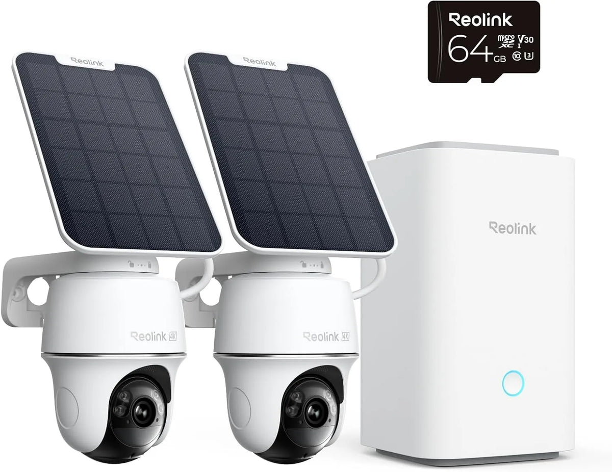 Kamera 2-Kamera-Set, Reolink 4K PT Solar Überwachungskamera Aussen Set Outdoor Akku mit Home Hub, 360° Schwenkbare, Farbnachtsicht, Lokaler Speicher