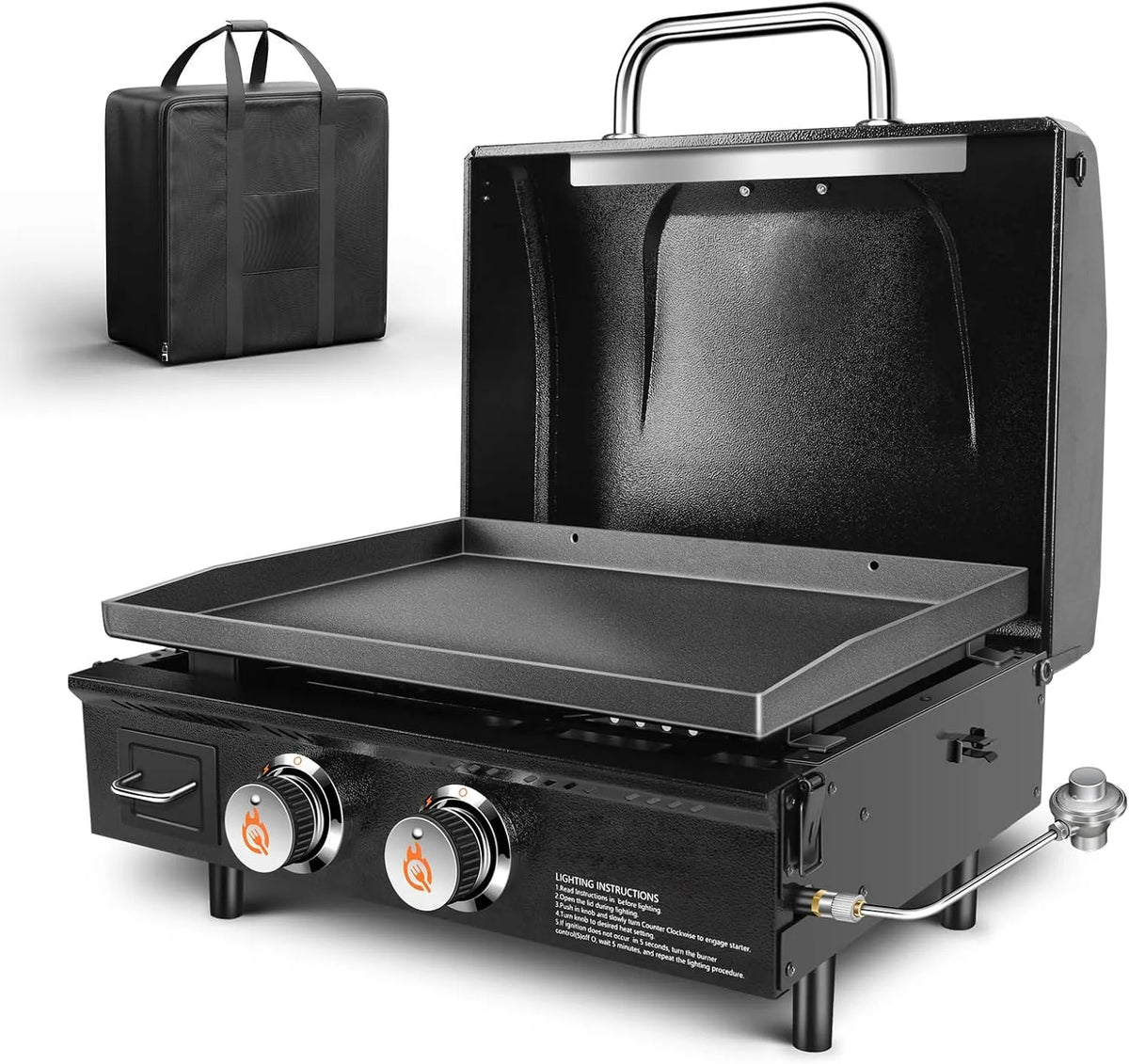 Gasgrill, 48.000 BTU, Grillplatte Plancha, Keramik-antihaftbeschichtete Grillplatten mit Haube, GFTIME Tischgasgrill mit 2 Brenner