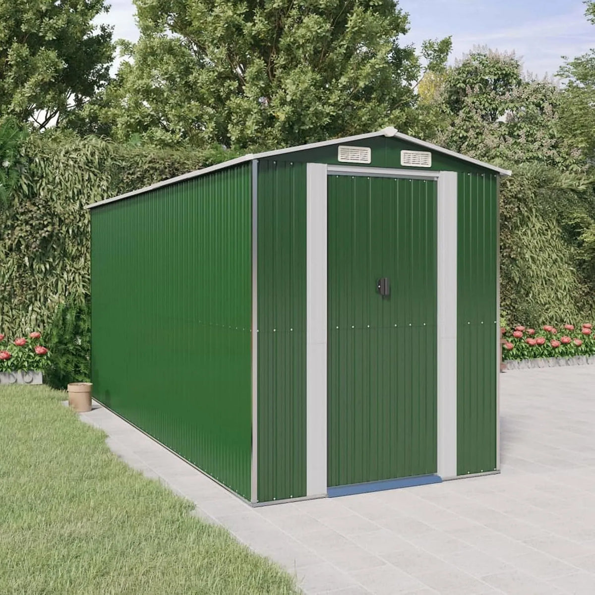 Geräteschuppen, Grün 192x440x223 cm Verzinkter Stahl, Fahrrad Unterstand, Gerätehaus, Fahrradgarage, Gartenhütte, Gartenhäuschen