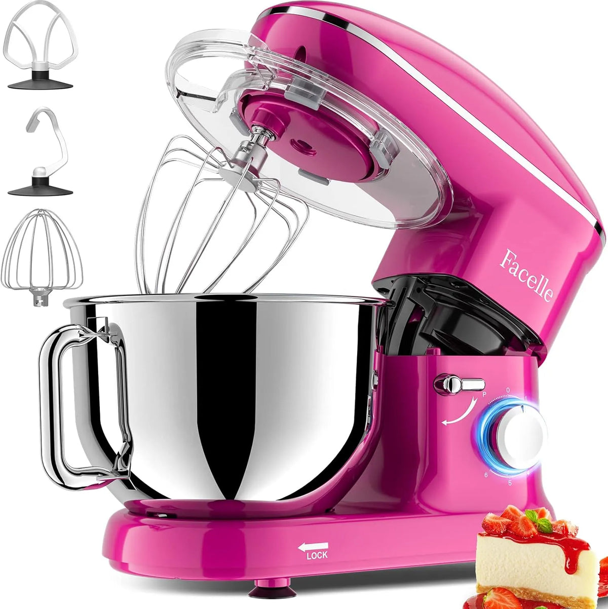 Küchenmaschine, Teigmaschine Rührmaschine, Facelle Knetmaschine 2000W, Schläger und Spritzschutz, Knethaken