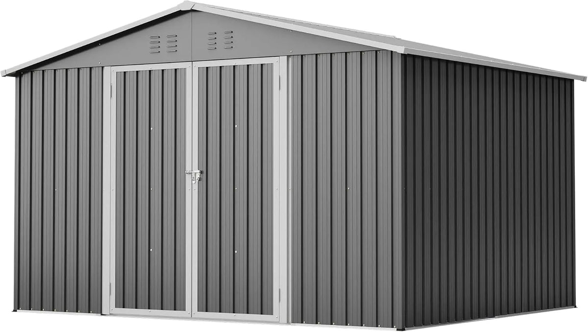 Gartenhaus, Gartenhütte Fahrradschuppen für Gartengeräte, Metall Geräteschuppen 300x252x191 cm mit Klapptür, Farbe Grau