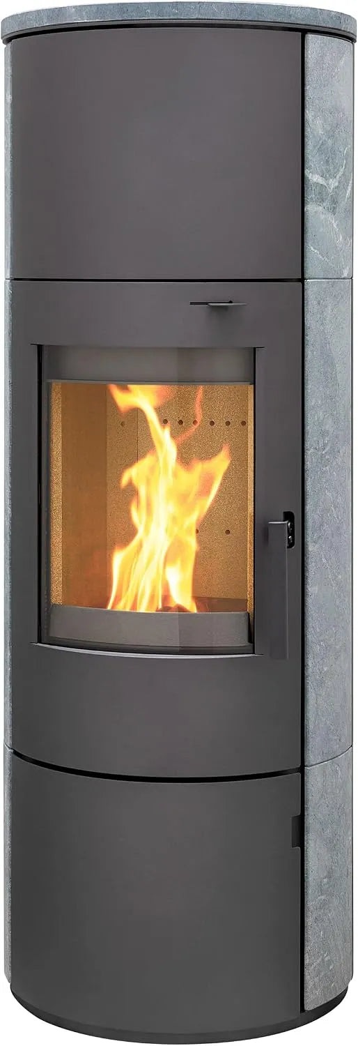 Kaminofen, München XL Stahl gussgrau Speckstein 7kw Speicherofen Steinverkleidung Holzofen Dauerbrand geeignet Schwedenofen
